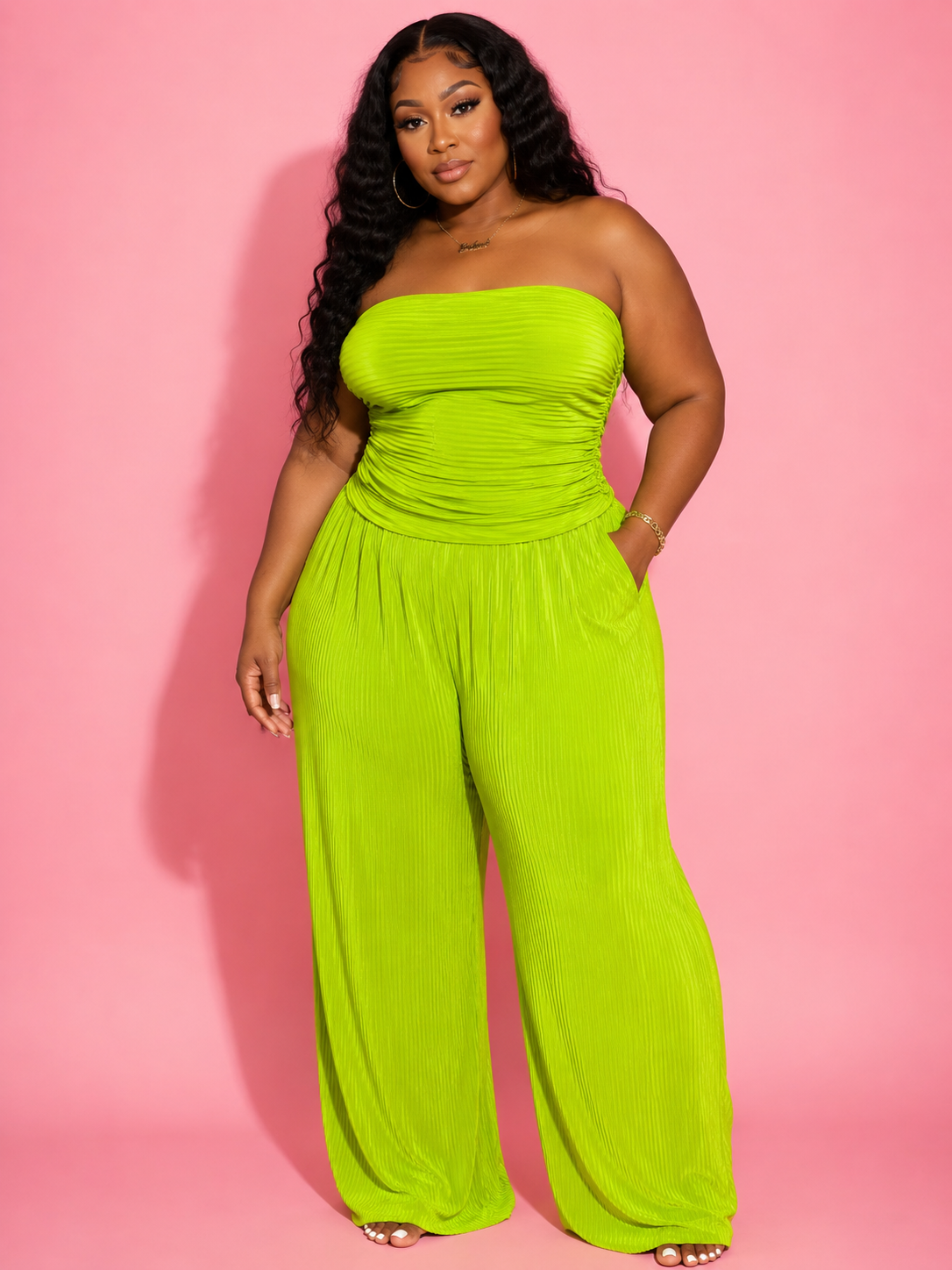Neon Green Pleated Paradise Strapless Jumpsuit