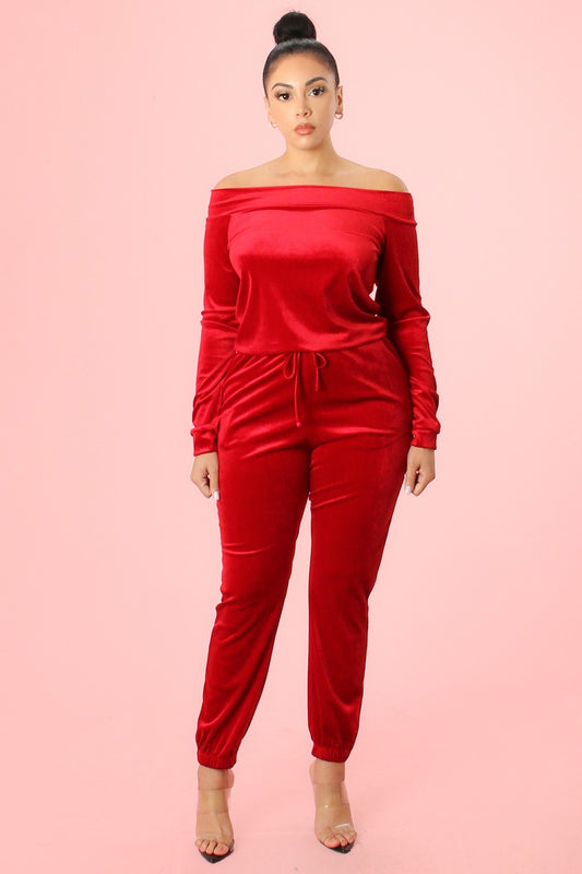 Velvet Off-the-Shoulder Jumpsuit