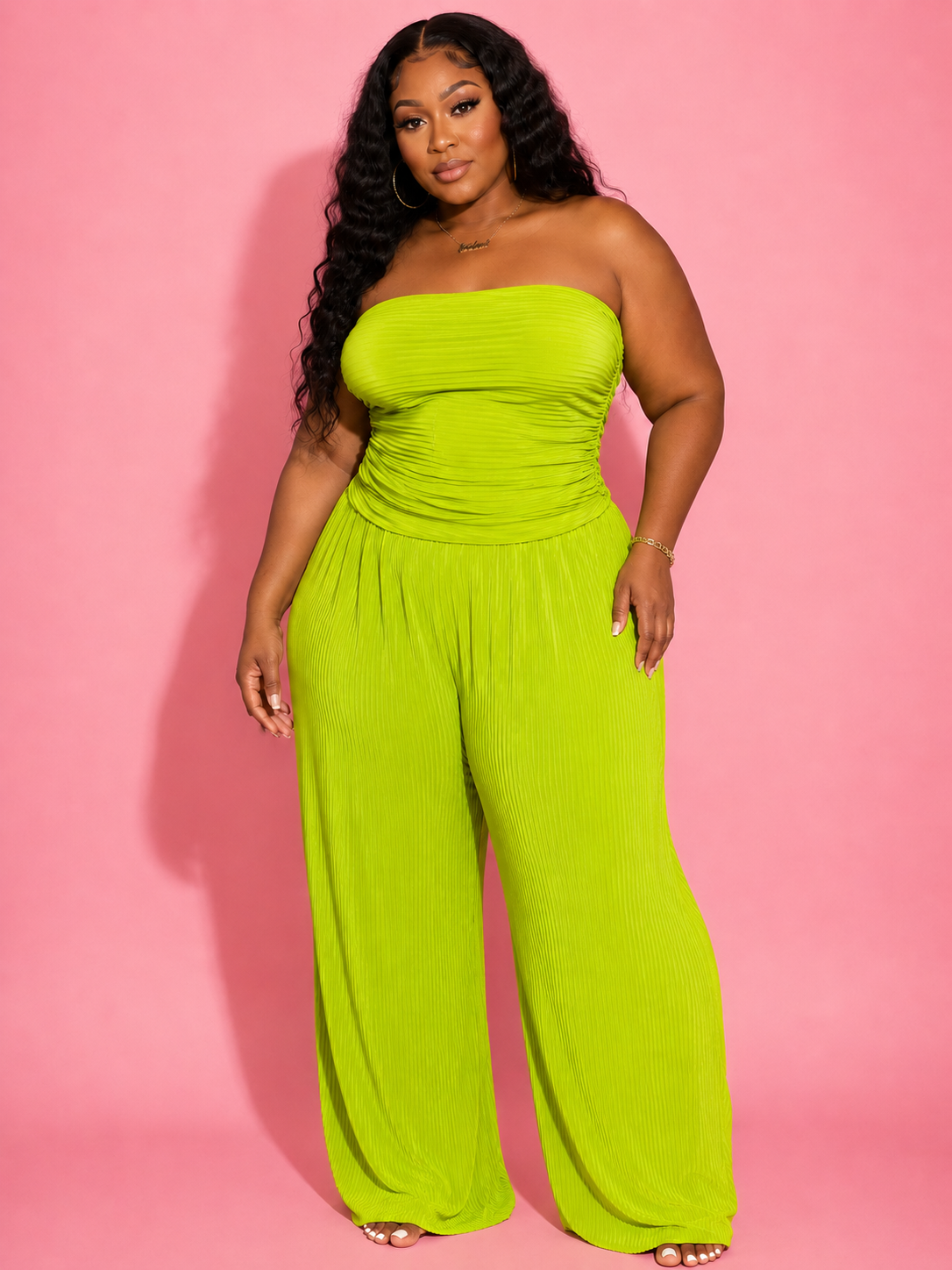 Neon Green Pleated Paradise Strapless Jumpsuit