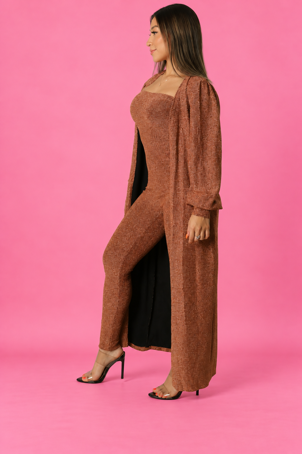 Joy Set bronze side on pink studio background